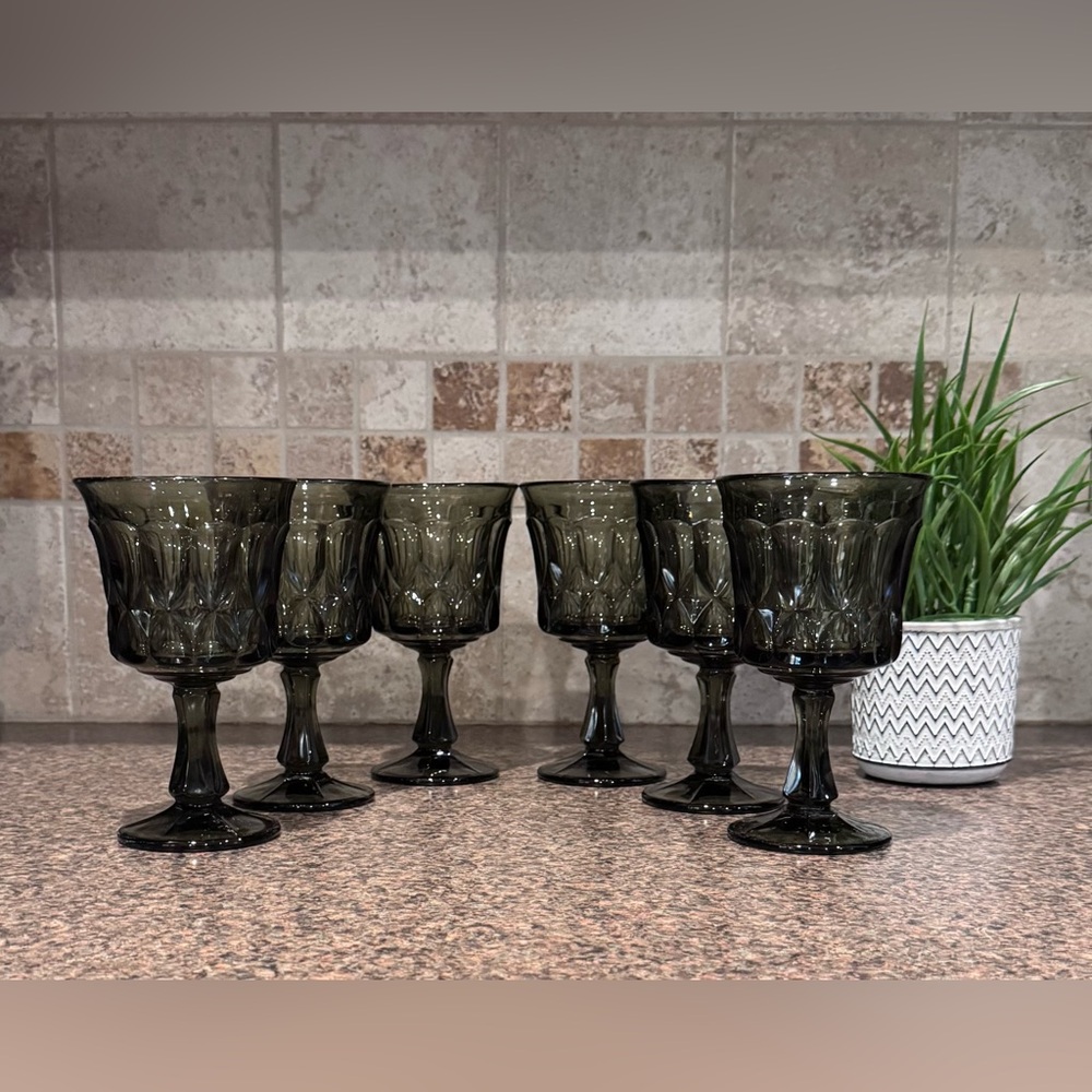 Set of 6 Vintage Noritake Perspective Japan Smokey Grey Wine Glasses/Goblet